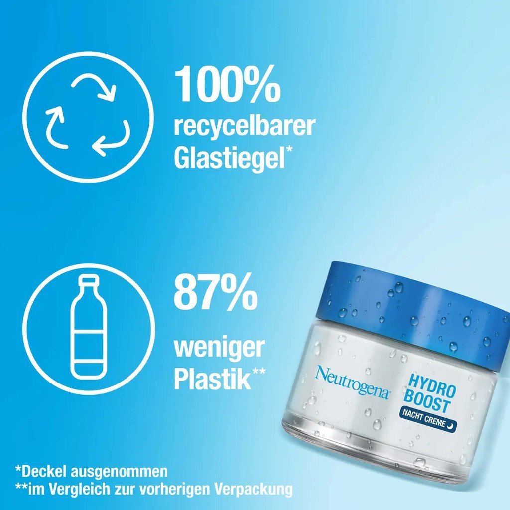 100% recyclebarer Glastiegel (Deckel ausgenommen); 87% weniger Plastik im Vergleich zur vorherigen Verpackung