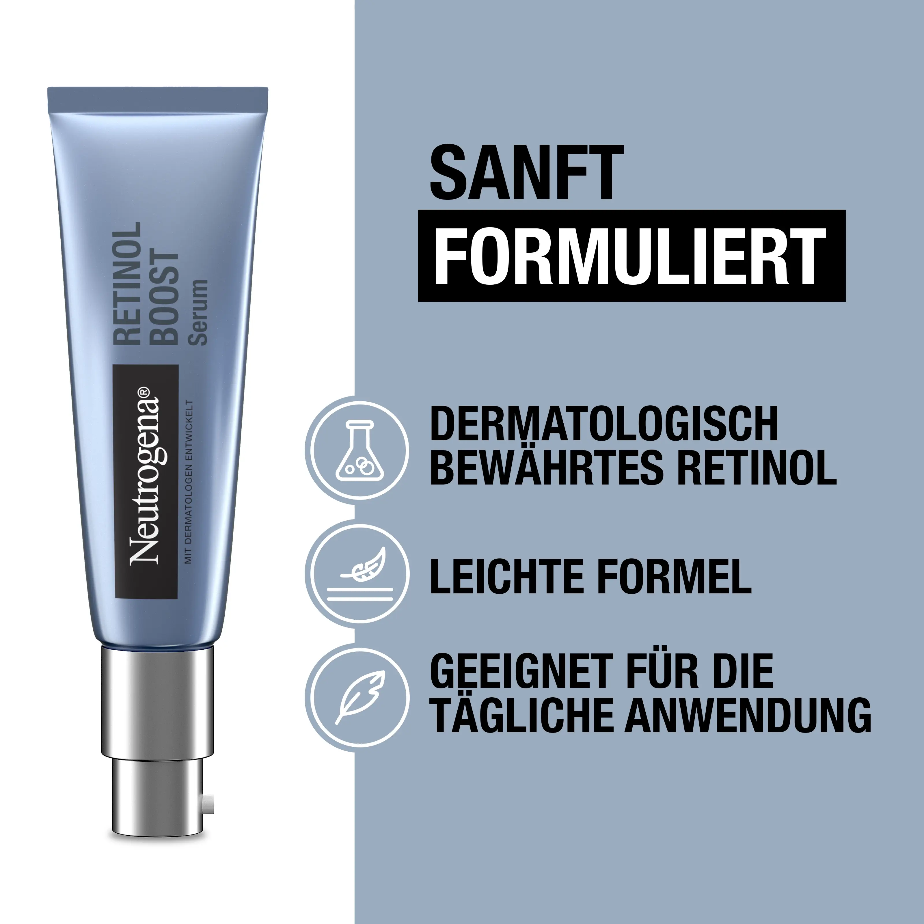 Sanft formuliert, dermatologisch bewährtes Retinol, leichte Formel, geeignet für die tögliche Anwendung