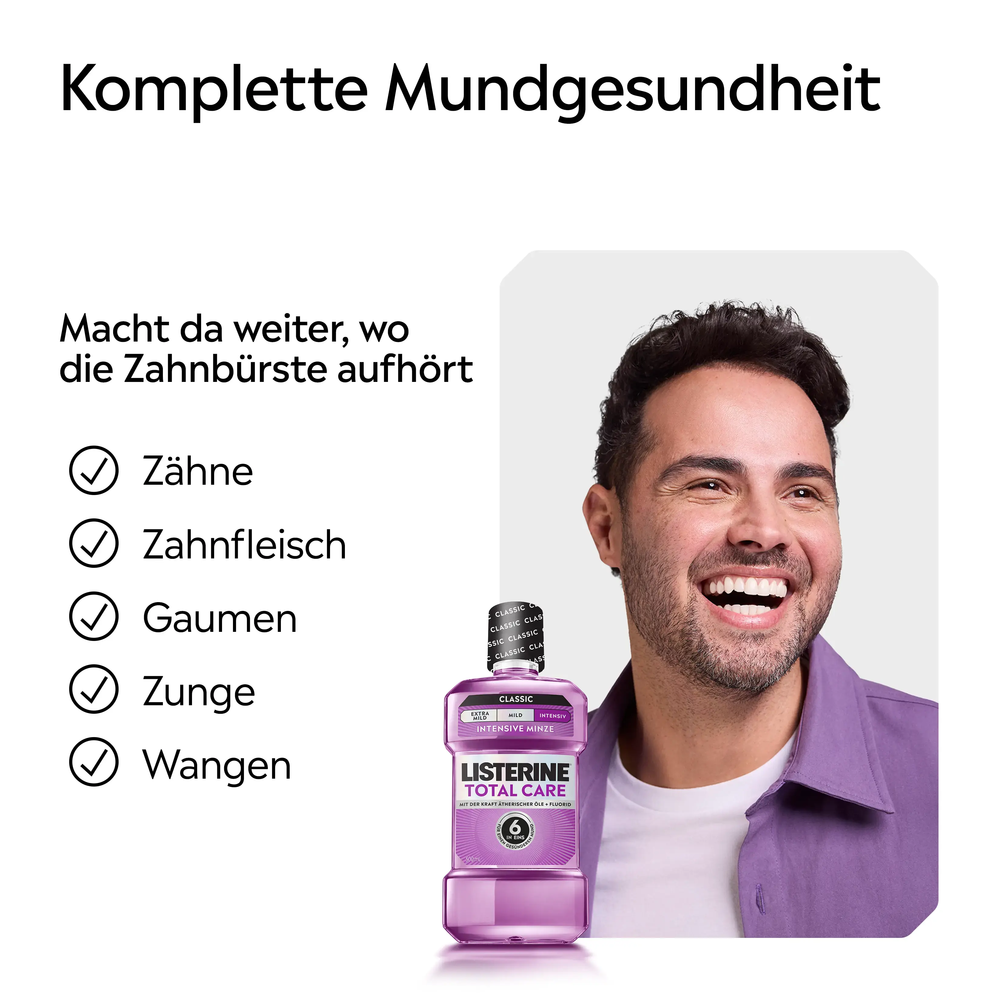 LISTERINE® Total Care Classic Intensive Minze mit Alkohol für umfassende Mundgesundheit.