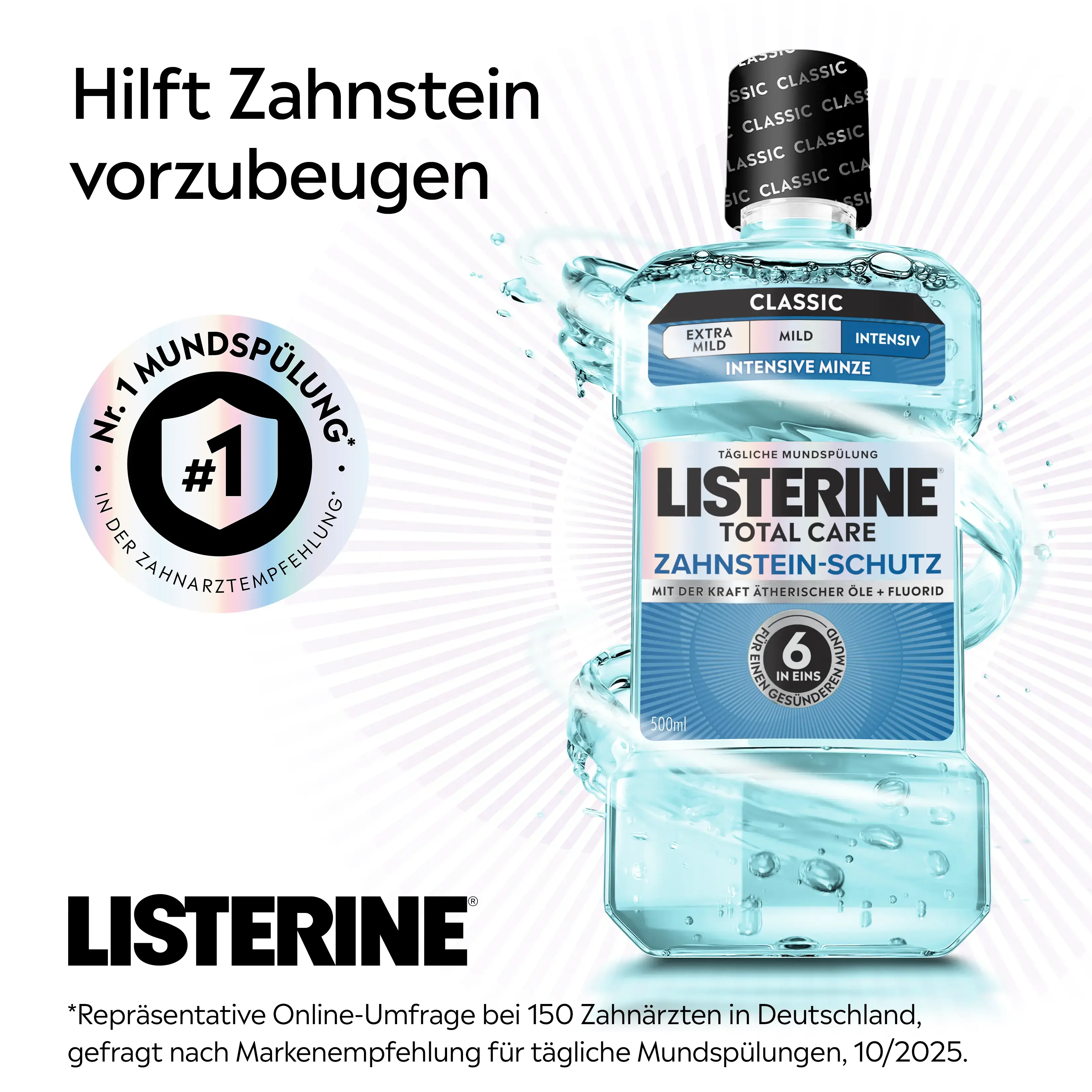 LISTERINE® TOTAL CARE Zahnstein‑Schutz Intensive Minze mit Alkohol zur Vorbeugung von Zahnstein, Nr. 1‑Empfehlung durch Zahnärzt:innen.