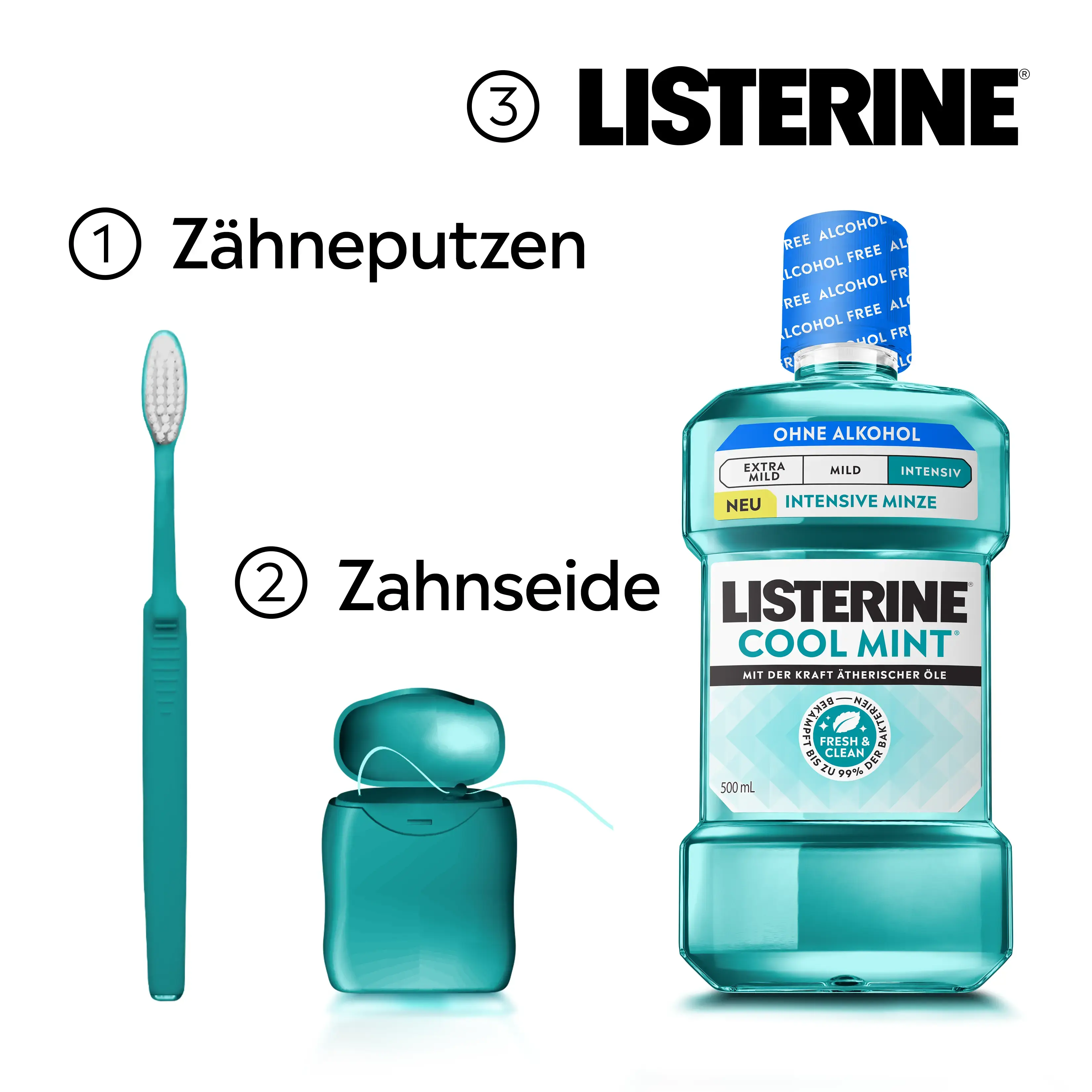 Drei Schritte der Mundpflege: Zähneputzen, Zahnseide und LISTERINE® Cool Mint Mundspülung ohne Alkohol.