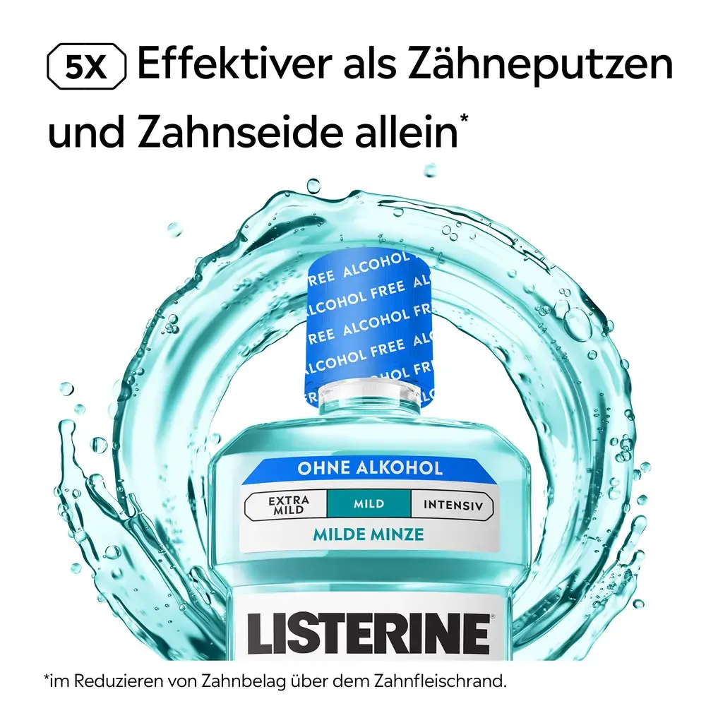 LISTERINE® COOL MINT Milde Minze ohne Alkohol mit 5×‑Wirksamkeits‑Hinweis zur Reduzierung von Zahnbelag am Zahnfleischrand.