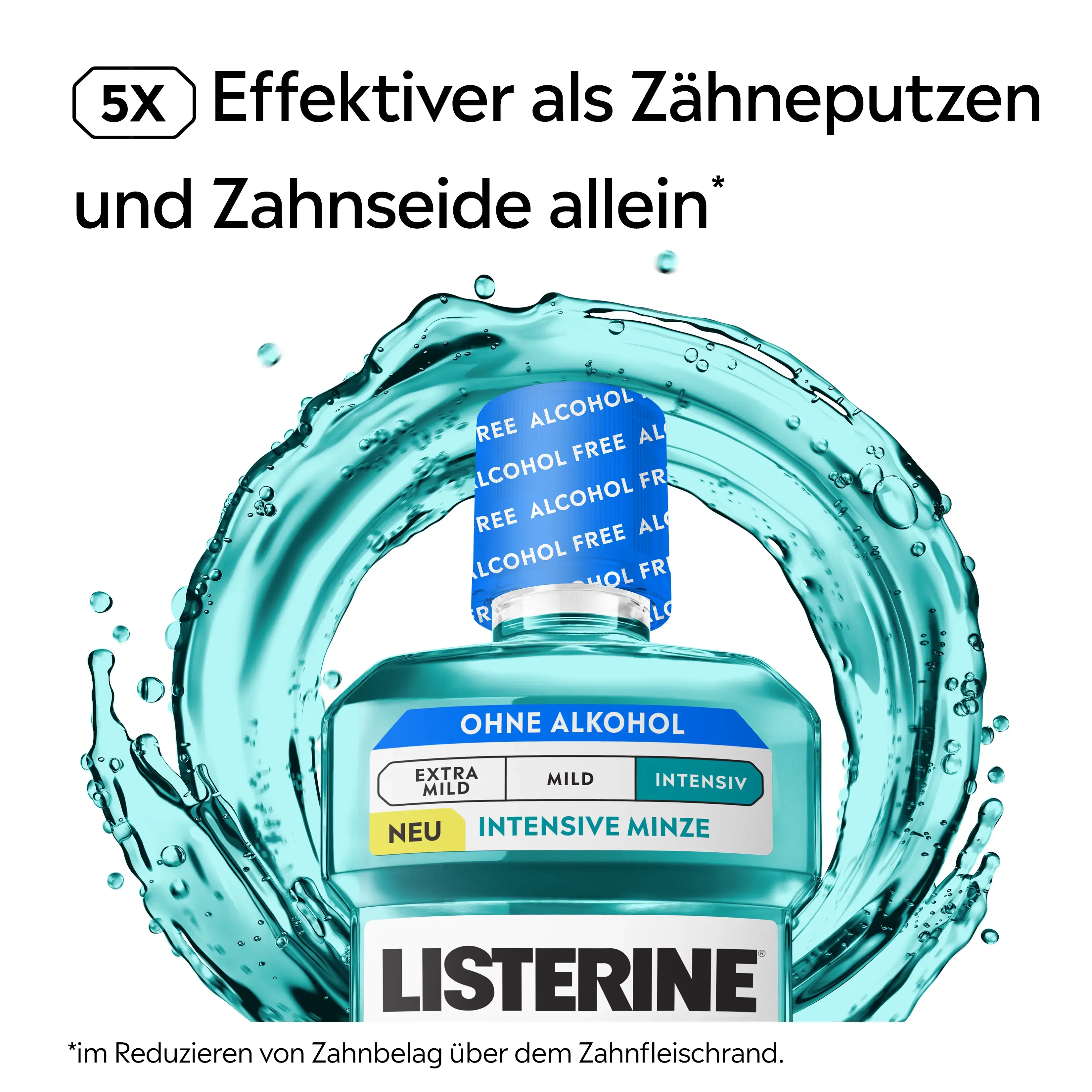 LISTERINE® Cool Mint Mundspülung ohne Alkohol mit Hinweis „5× effektiver als Zähneputzen und Zahnseide allein“ vor türkisfarbener Wasserspritz-Grafik.