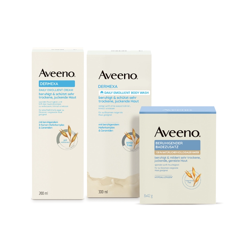 Aveeno® Dermexa Serie – Hautpflege für sehr trockene, juckende, zu Ekzemen neigende Haut.  Aveeno® Dermexa Emollientien Creme,  Aveeno® Dermexa Duschcreme, Aveeno® Beruhigender Badezusatz  Creme und Duschcreme mit 3-fachem Haferkomplex und Ceramiden.