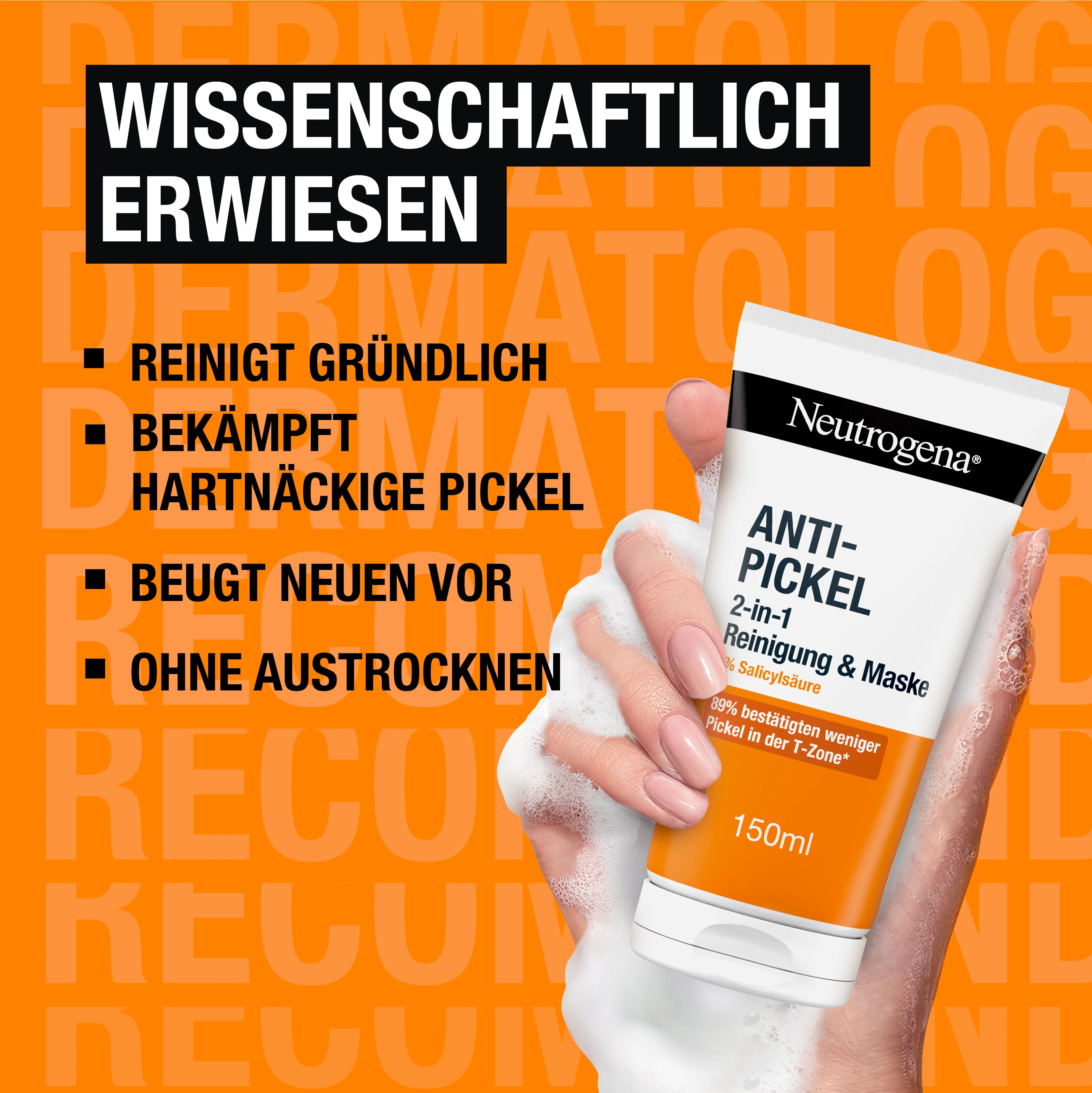 Wissenschaftlich erwiesen. Reinigt gründlich, bekämpft hartnäckige Pickel, beugt neuen vor, ohne Austrocknen