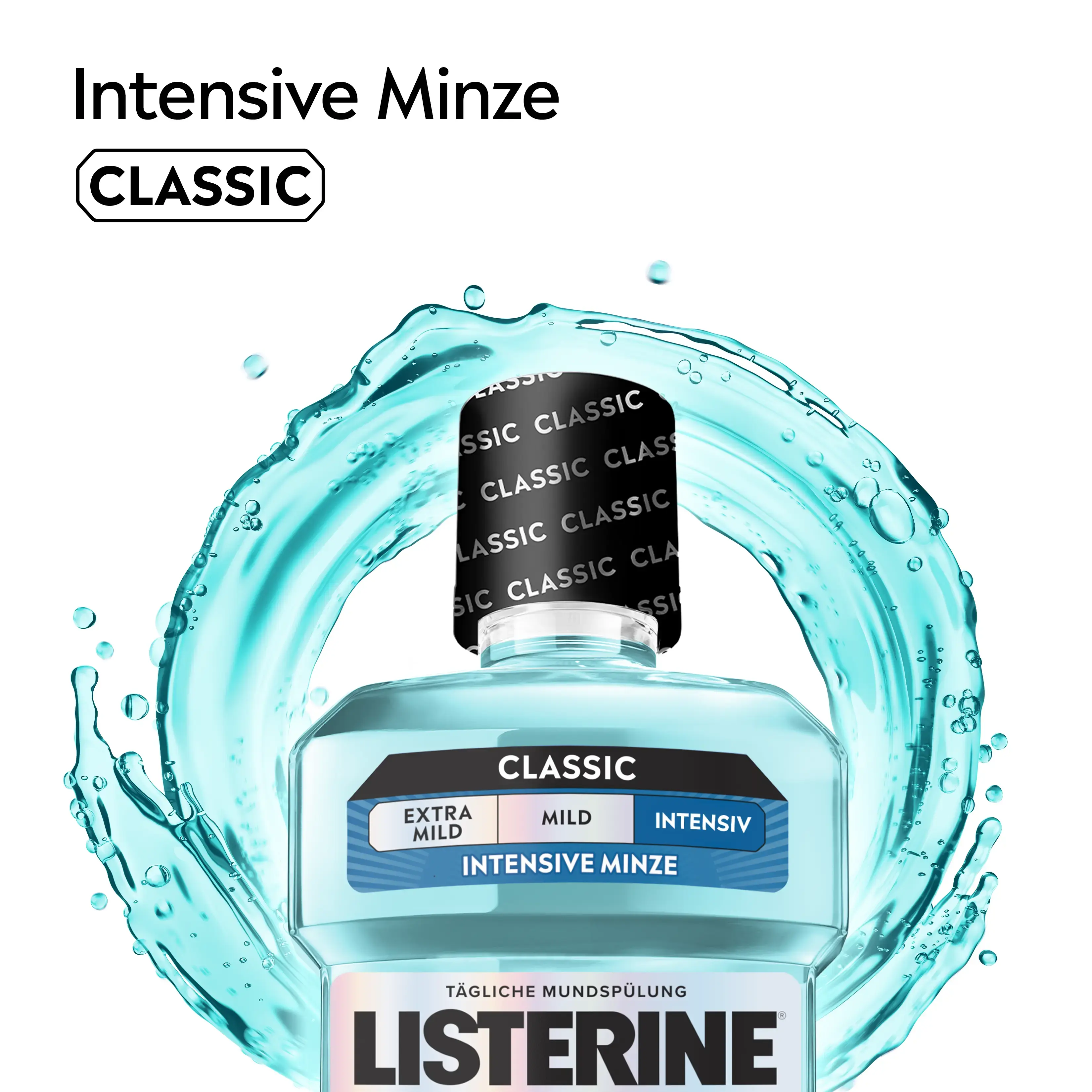 LISTERINE® Intensive Minze Classic Mundspülung mit Alkohol, dargestellt als intensive Variante mit starkem Minzgeschmack.