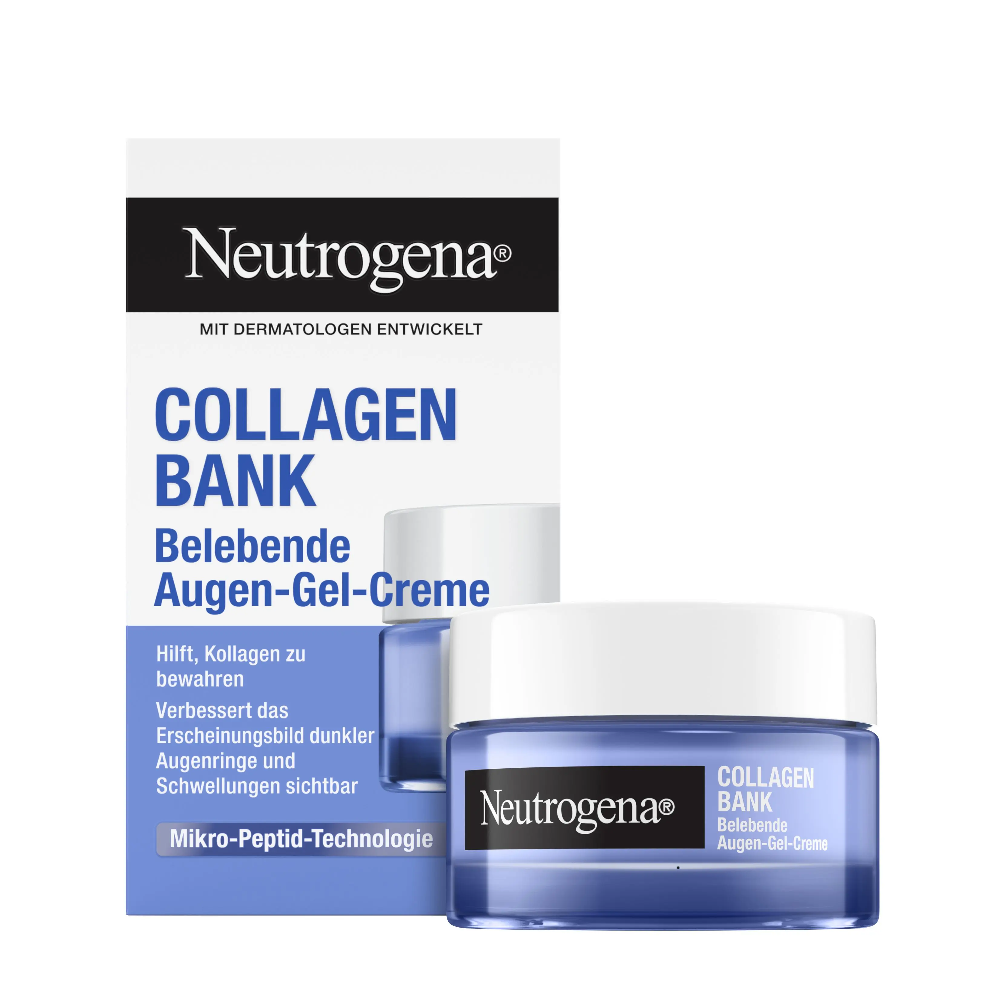 Neutrogena® Collagen Bank Belebende Augen-Gel-Crème Packshot und Produkt Showcase 