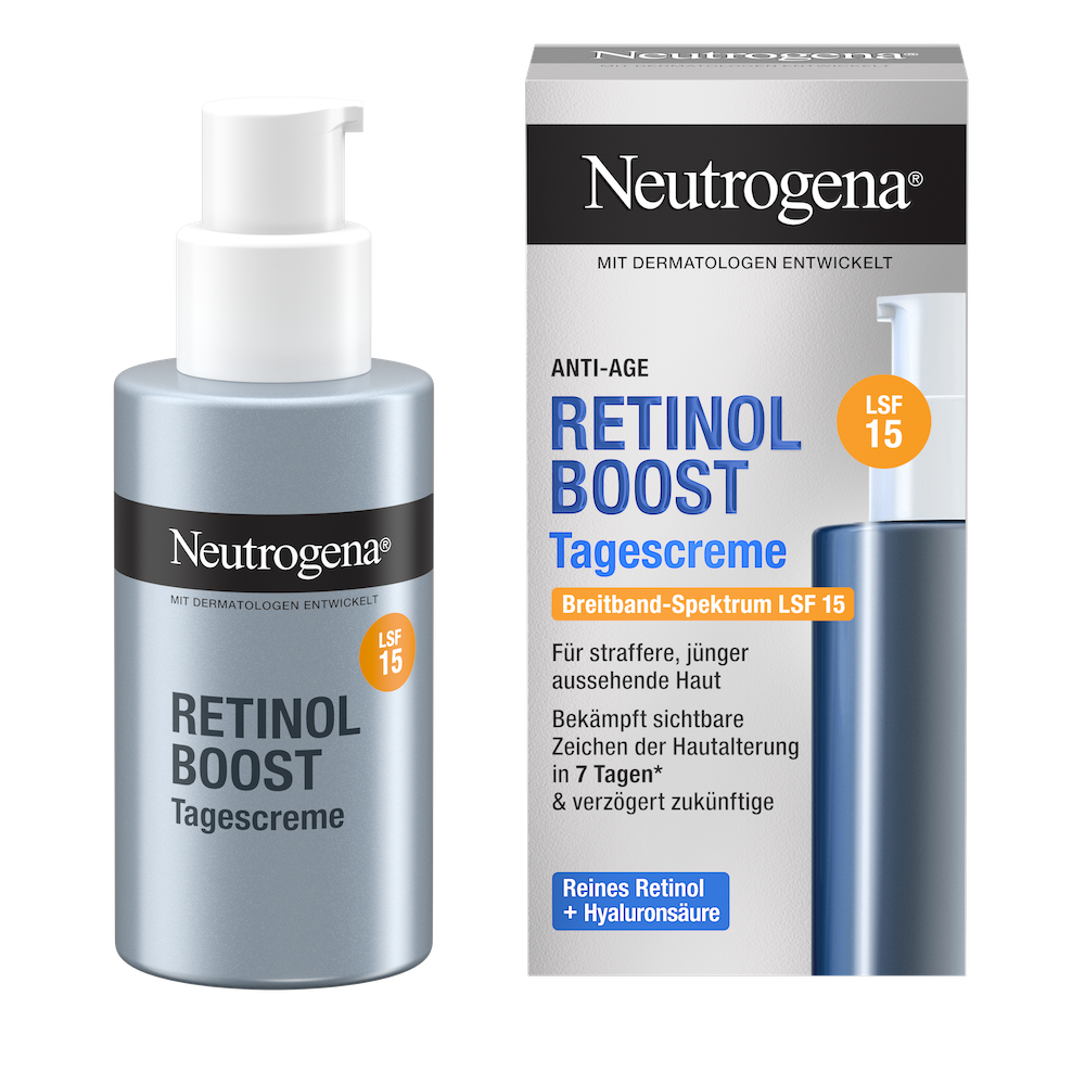 Vorderansicht Neutrogena® Retinol Boost Tagescreme Produkt neben der Verpackung