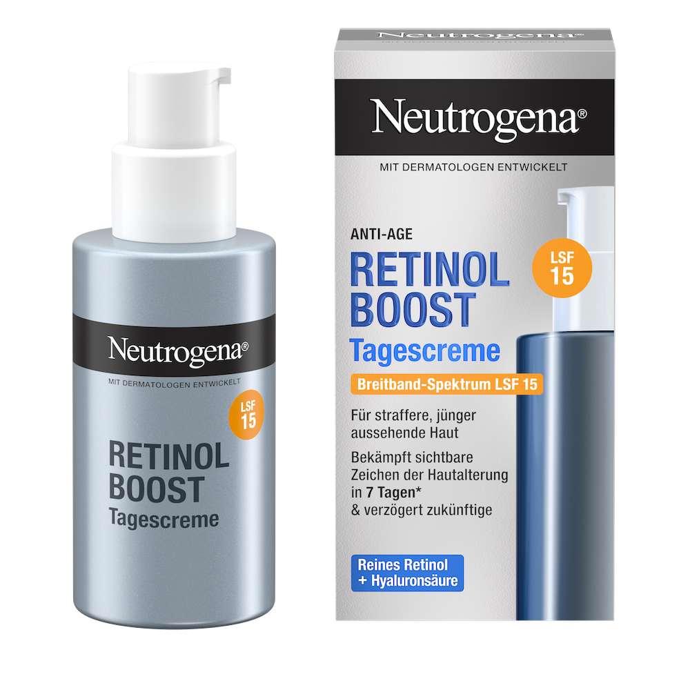 Vorderansicht Neutrogena® Retinol Boost Tagescreme Produkt neben der Verpackung