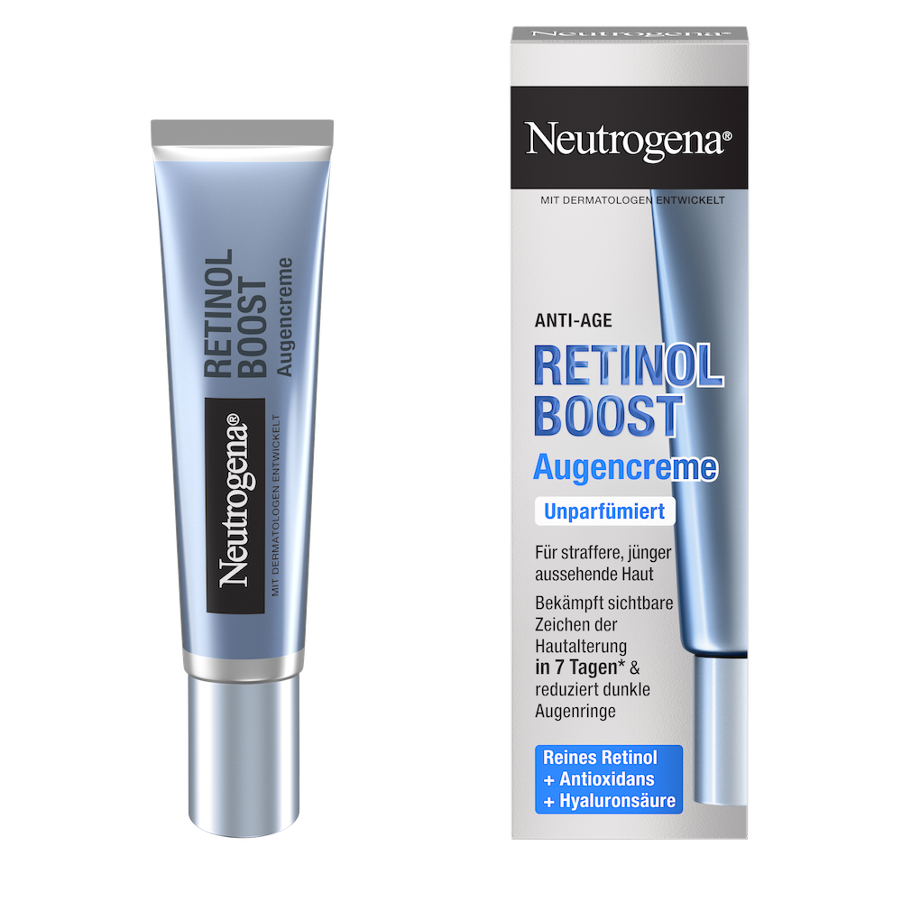 Vorderansicht Neutrogena® Retinol Boost Augencreme Produkt neben der Verpackung