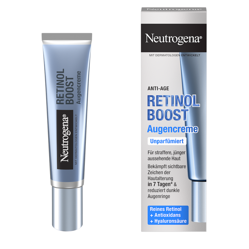 Vorderansicht Neutrogena® Retinol Boost Augencreme Produkt neben der Verpackung
