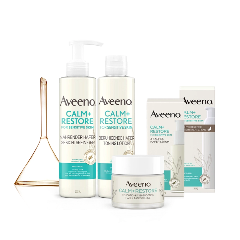 Aveeno® Calm + Restore™ Serie – Gesichtspflege für normale bis trockene, empfindliche Haut  Aveeno® Calm + Restore™ Feuchtigkeitsspendende Hafer Tagespflege, Aveeno® Calm + Restore™ 3-faches Hafer Serum, Aveeno® Calm + Restore™ Nährender Hafer