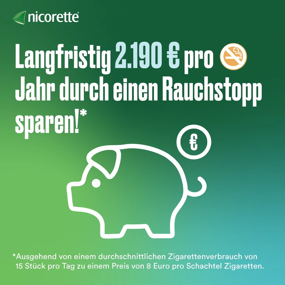 Nicorette‑Grafik: Hinweis auf 2.190 € Ersparnis pro Jahr durch Rauchstopp, basierend auf 15 Zigaretten täglich bei 8 € pro Packung