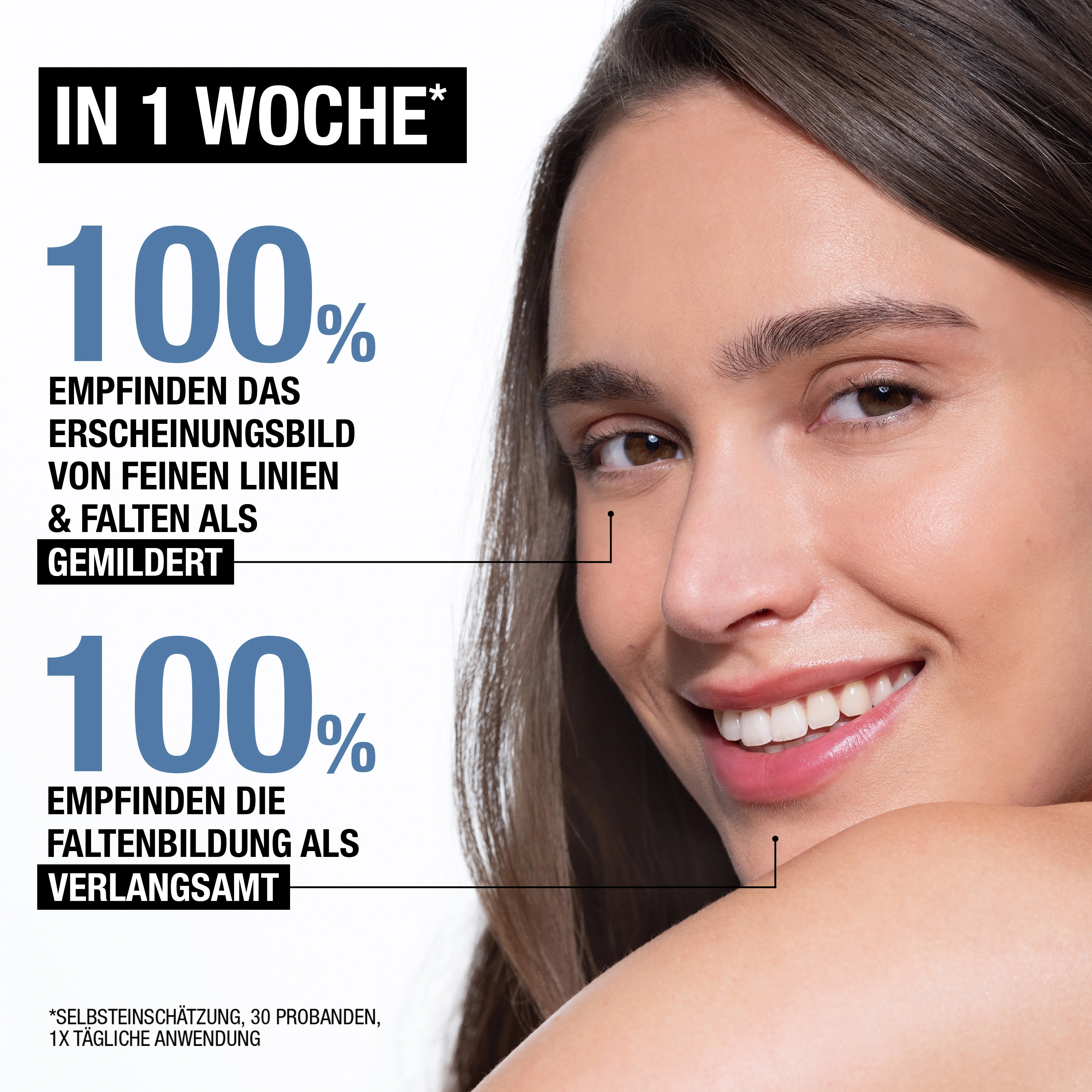 In 1 Woche 100% empfinden feine Linien und Falten als gemildert und Faltenbildung verlangsamt