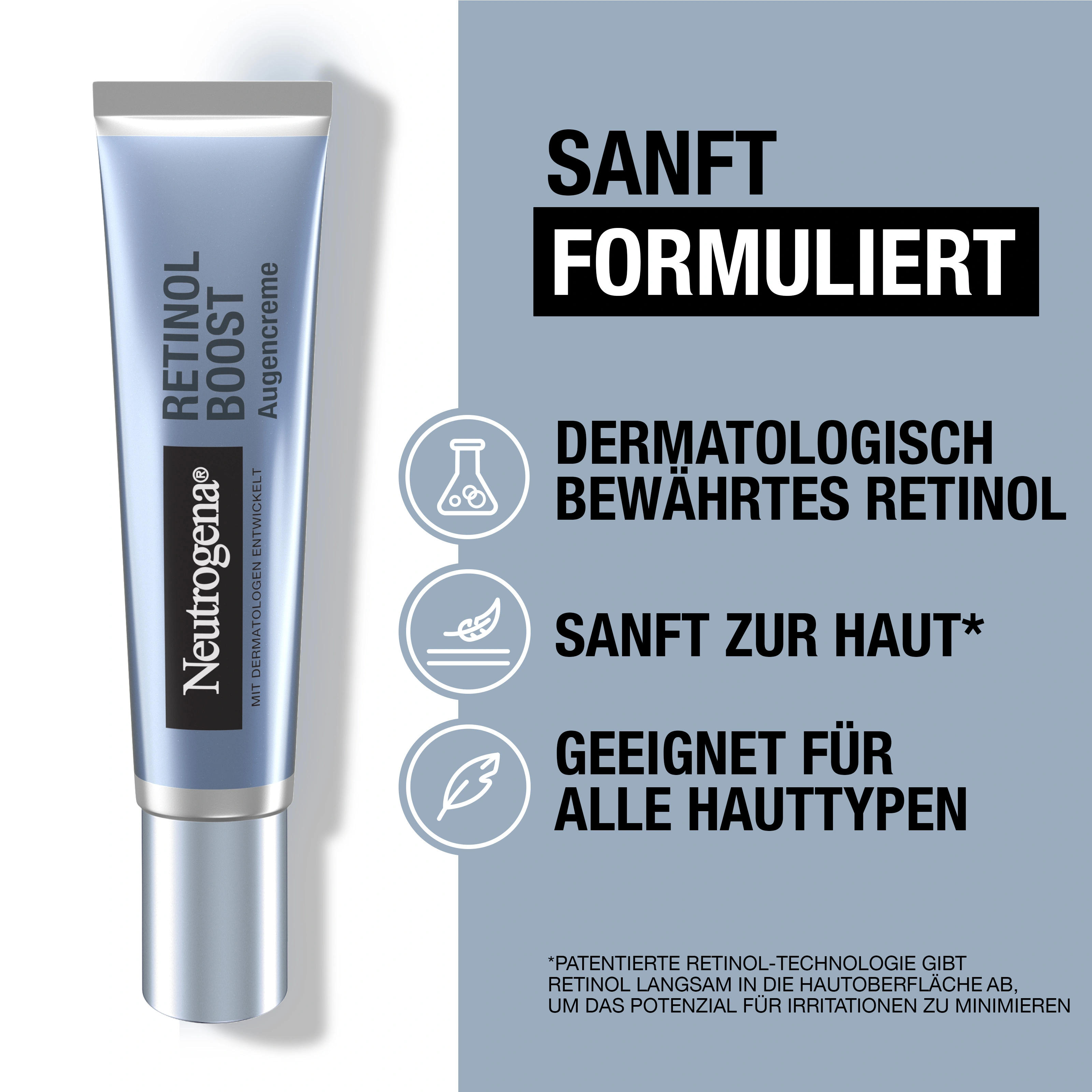 Sanft formuliert, dermatologisch bewährtes Retinol, sanft zur Haut, geeignet für alle Hauttypen