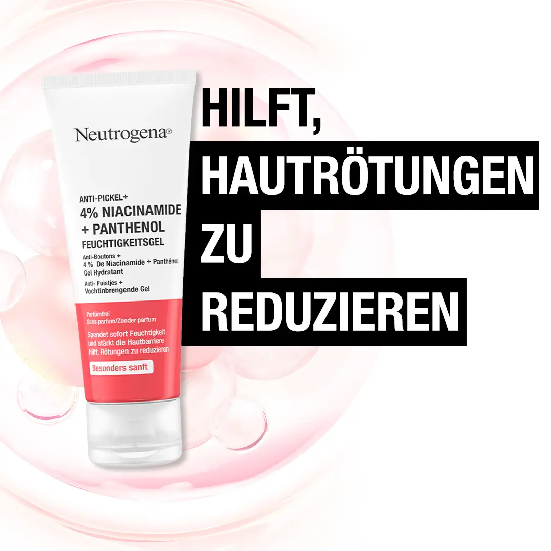 Neutrogena Anti-Pickel+ Feuchtigkeitsgeld hilft, Hautrötungen zu reduzieren.