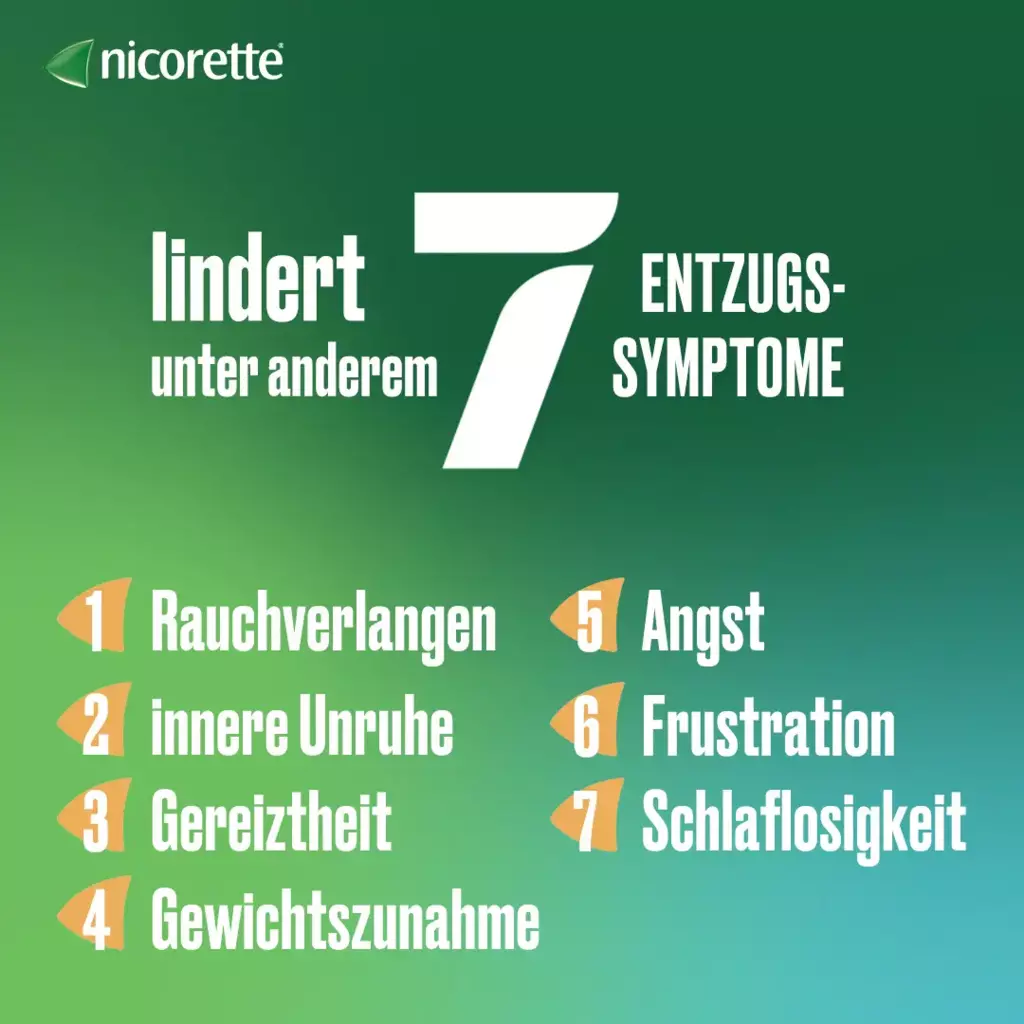 Lindert under anderem 7 Entzugssymptome: Rauchverlangen, innere Unruhe, Gereiztheit, Gewichtszunahme, Angst, Frustration, Schlaflosigkeit