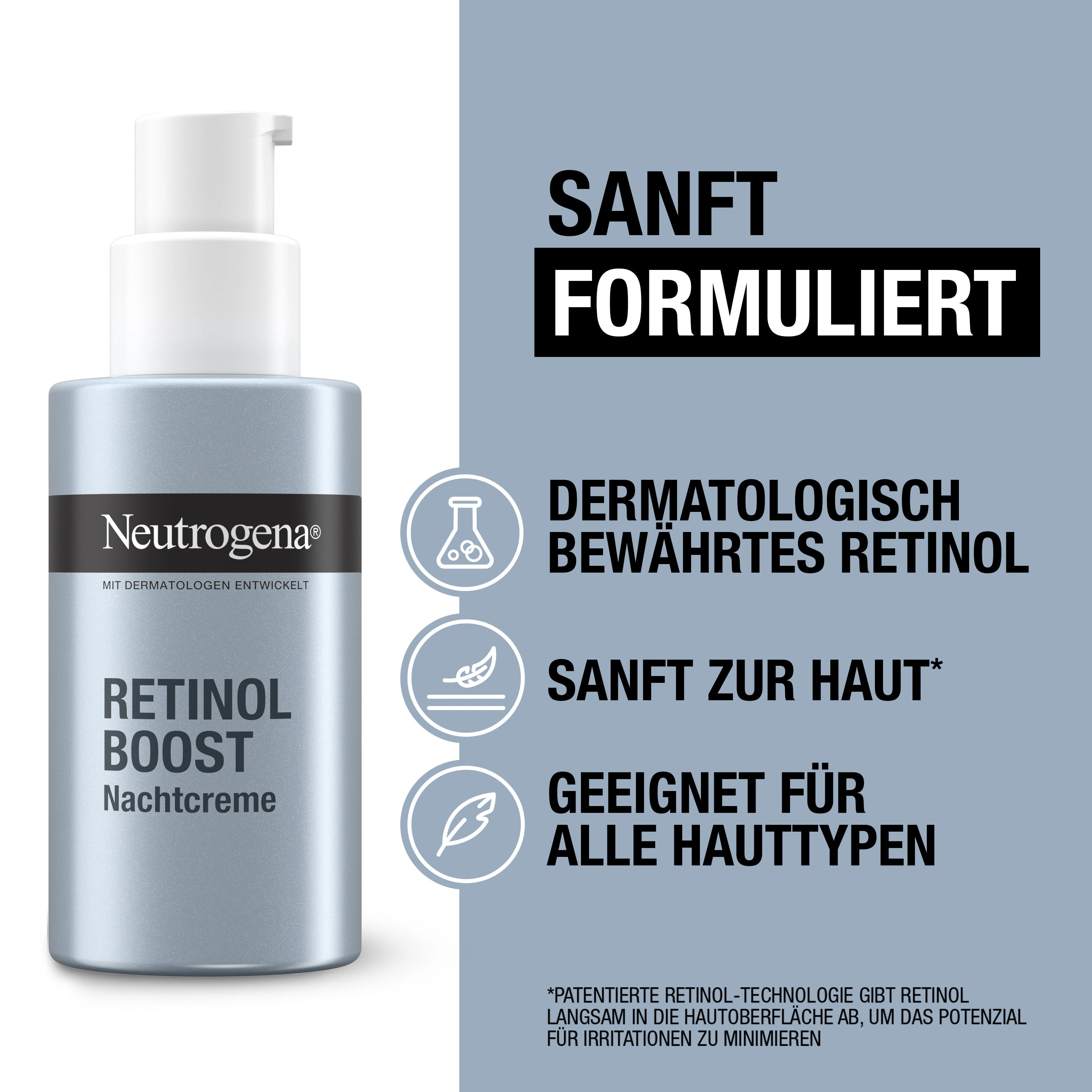 Sanft formuliert, dermatologisch bewährtes Retinol, leichte Formel, geeignet für die tögliche Anwendung