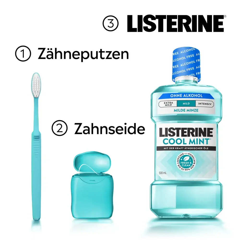 Drei Schritte der Mundpflege: Zähneputzen, Zahnseide und LISTERINE® COOL MINT Milde Minze Mundspülung ohne Alkohol als abschließender Schritt.