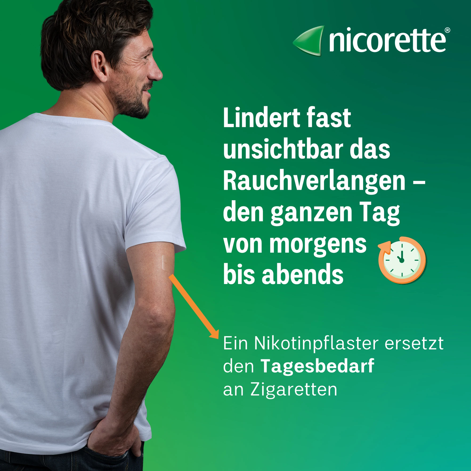 nicorette Nikotinpflaster lindert fast unsichtbar das Rauchverlangen den ganzen Tag von morgens bis abends. Ein Mann mit kaum sichtbaren Nikotinpflaster.