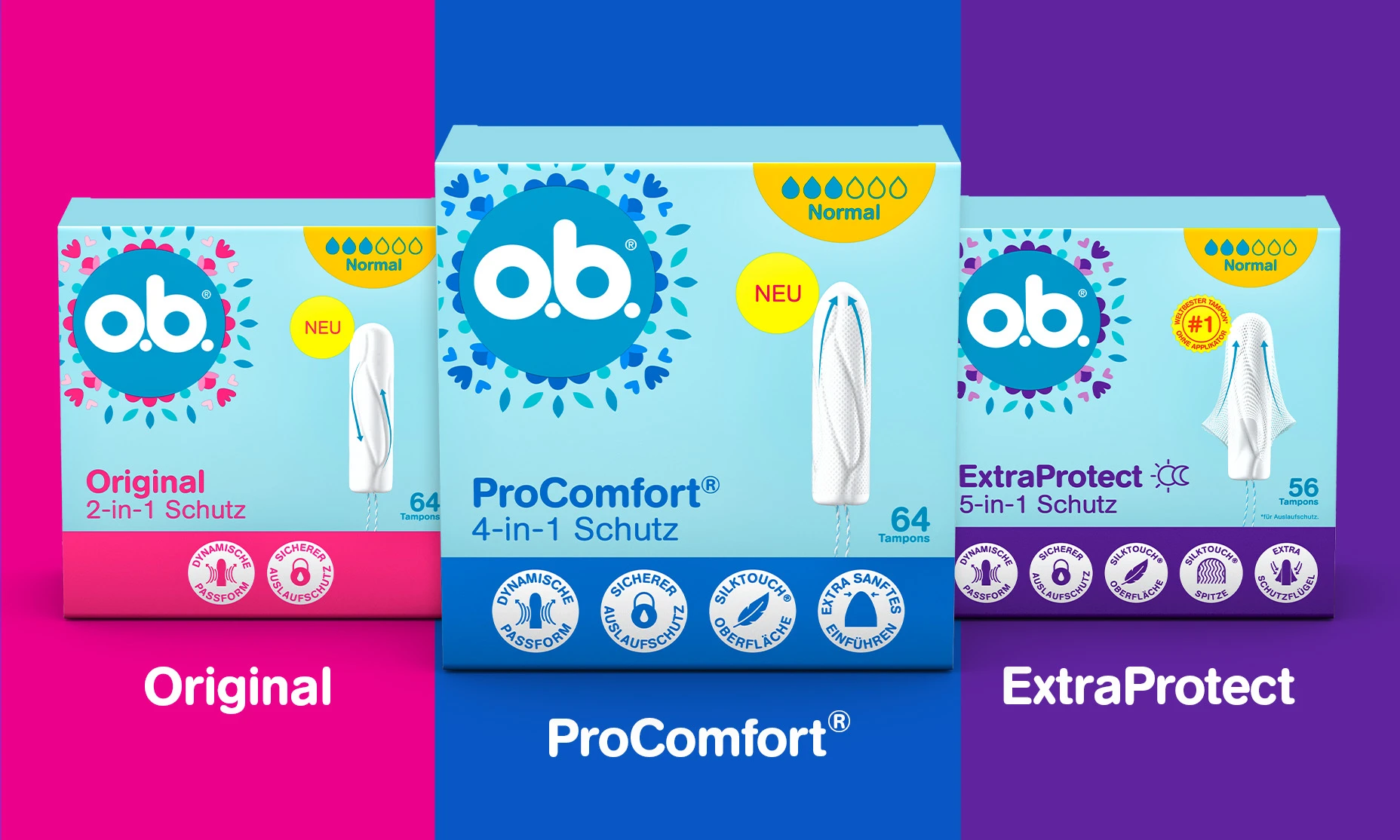 Packshots der o.b.® Tampons Original, ProComfort® und ExtraProtect