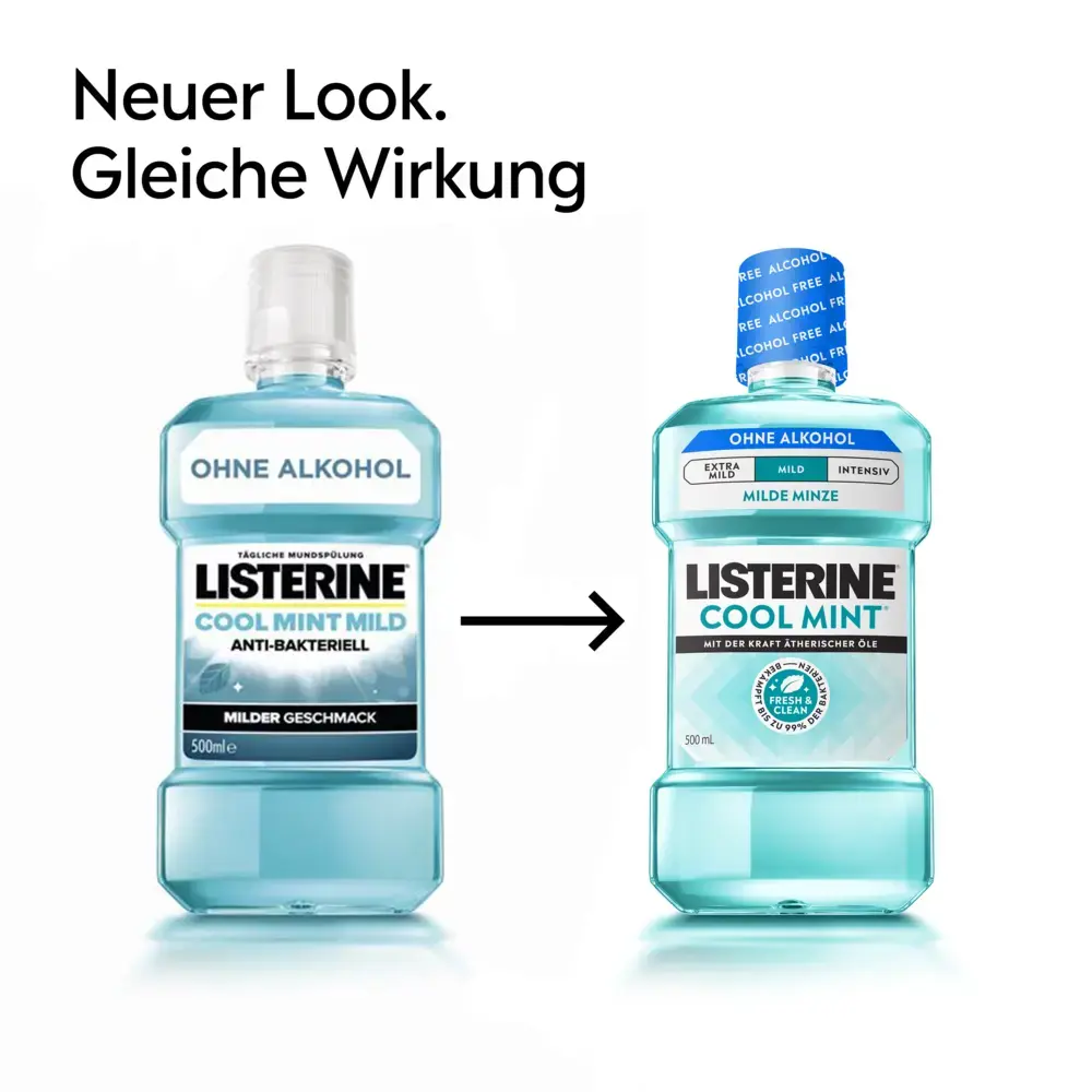 LISTERINE® COOL MINT Milde Minze ohne Alkohol im Vergleich von altem und neuem Design mit Hinweis „Neuer Look, gleiche Wirkung“.