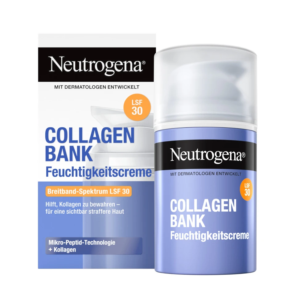 Neutrogena® Collagen Bank Feuchtigkeitscreme LSF 30 Packshot und Produkt showcase