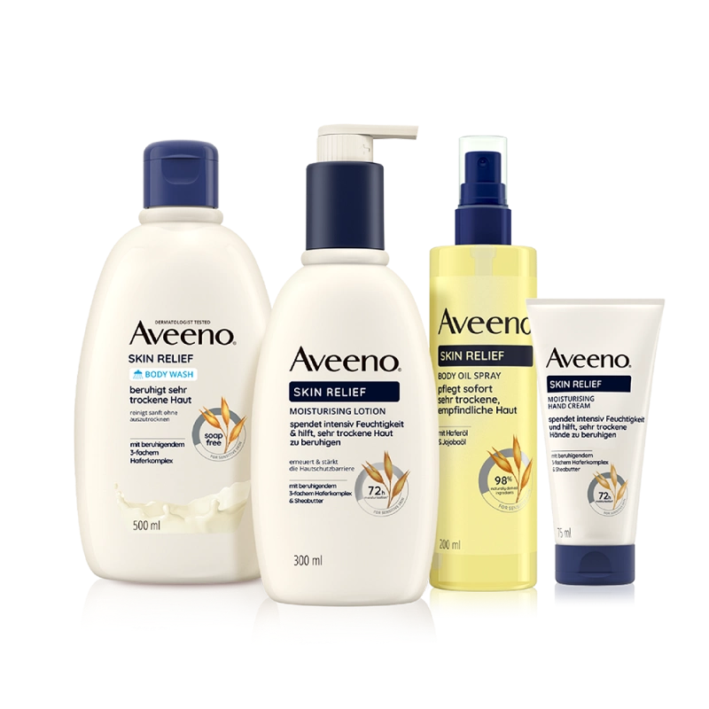 Aveeno® Skin Relief Serie – Hautpflege für sehr trockene, empfindliche Haut.  Aveeno® Skin Relief Body Lotion, Aveeno® Körperöl-Spray, Aveeno® Skin Relief Seifenfreies Duschgel und Aveeno® Skin Relief Handcreme  Mit 3-fachem Haferkomplex und Sheabutter.