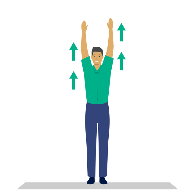 Illustration: Mann steht. Hände sind gerade noch oben gestreckt.