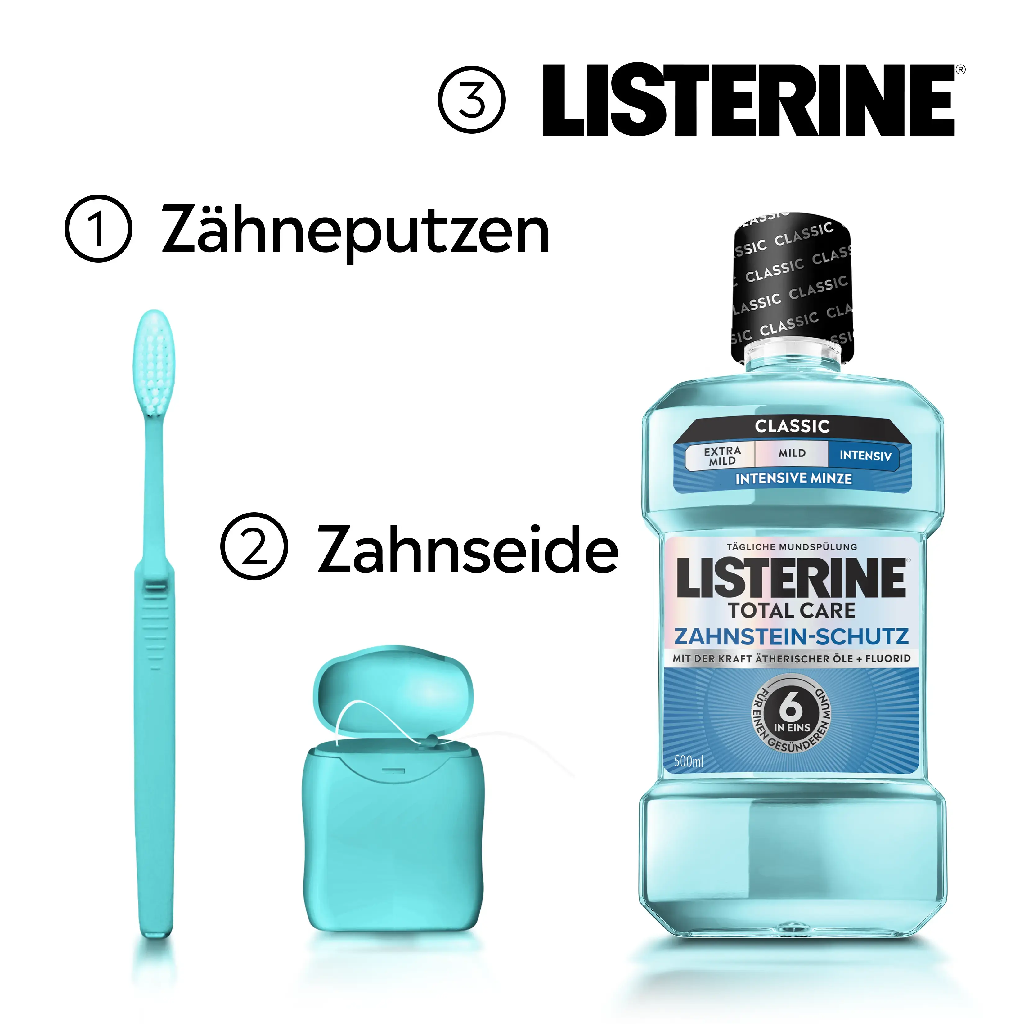 Mundpflegeroutine mit Zähneputzen, Zahnseide und LISTERINE® TOTAL CARE Zahnstein‑Schutz Intensive Minze.