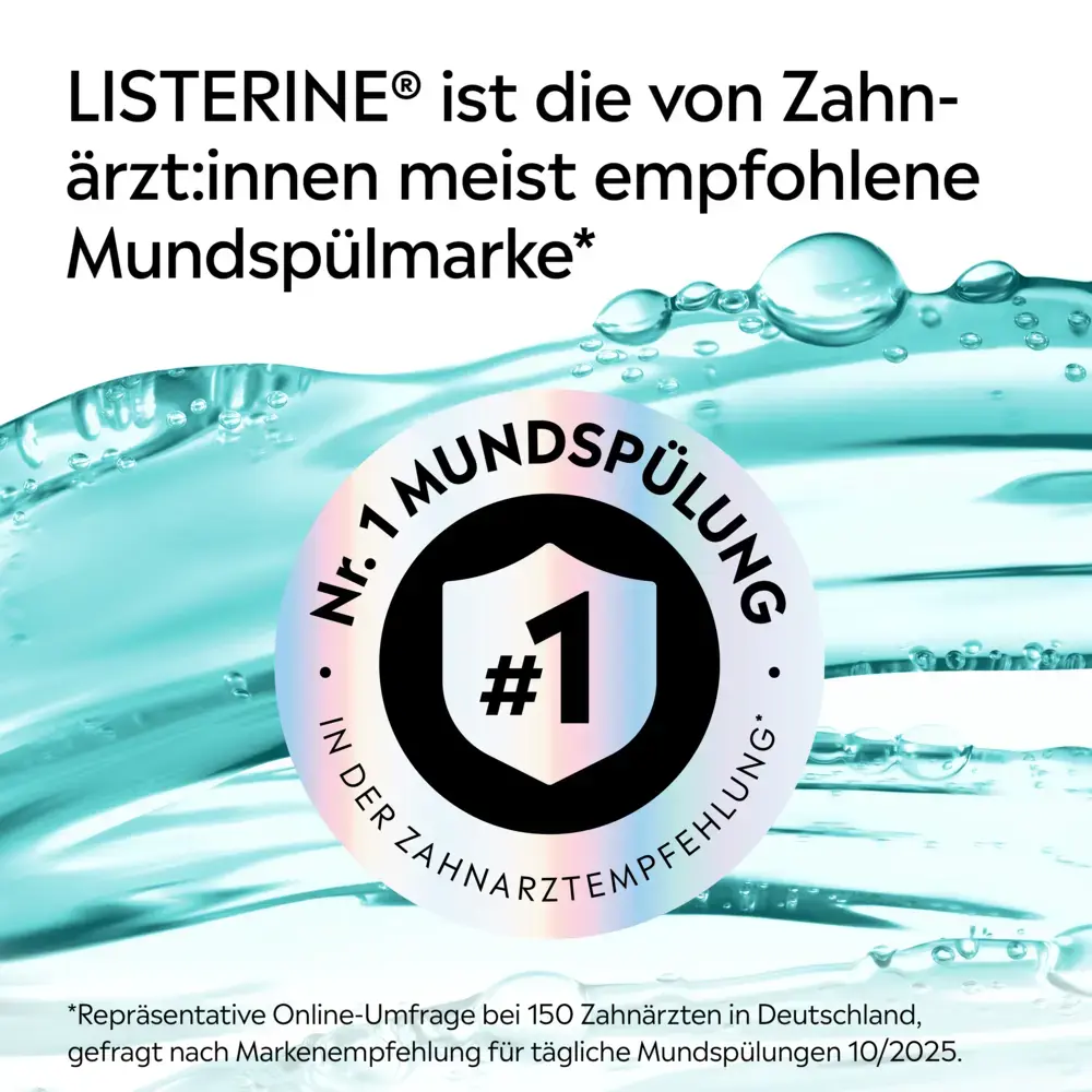 LISTERINE® mit Hinweis „Nr. 1 Mundspülung in der Zahnarztempfehlung“ vor türkisfarbener Wasser-Grafik.