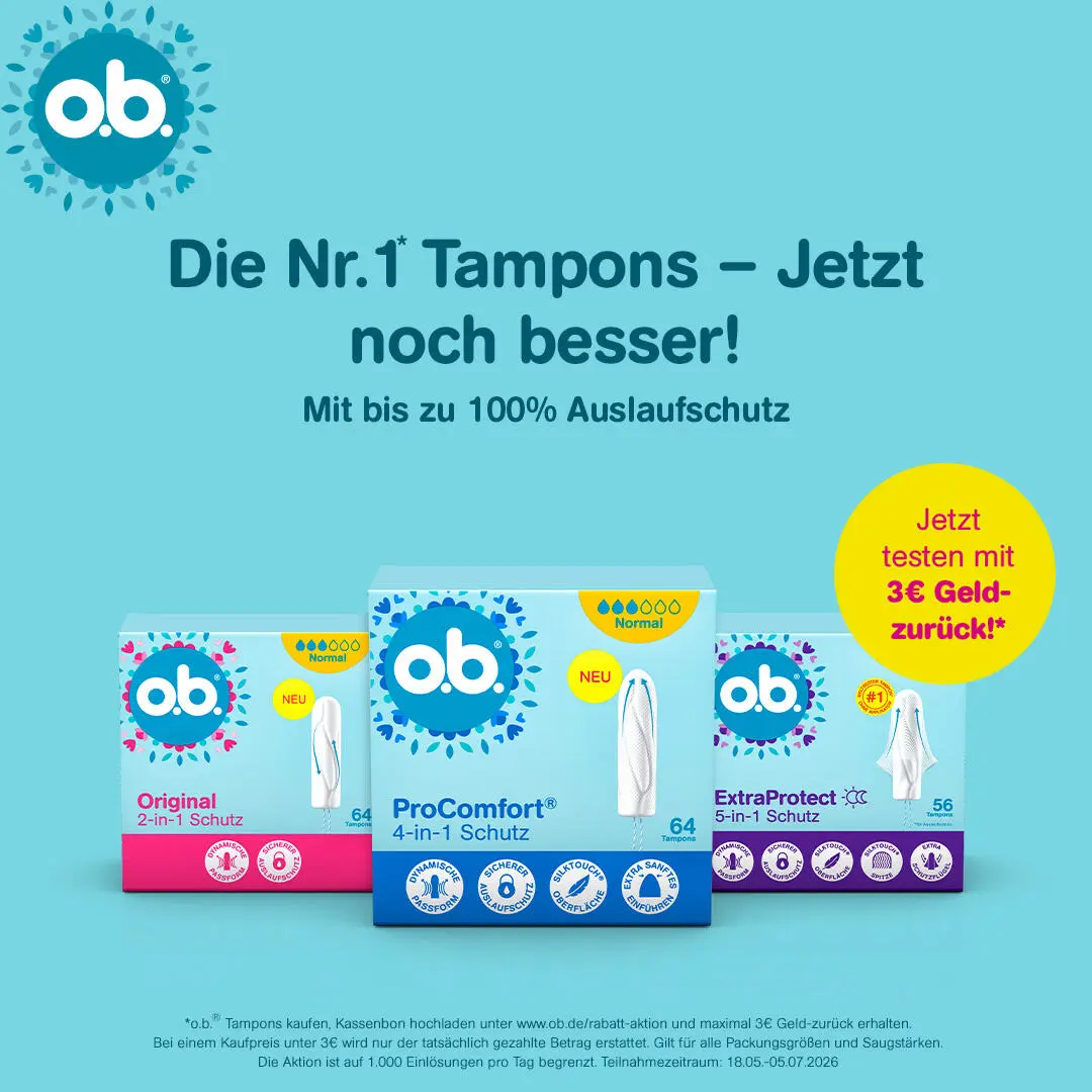 Die Nr. 1 Tampons, jetzt noch besser mit bis zu 100% Auslaufschutz! Jetzt testen mit 3 Euro Geld-zurück!