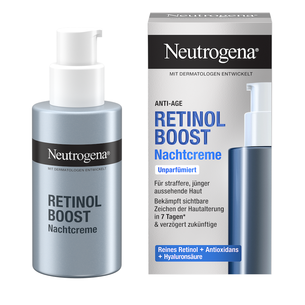 Vorderansicht Neutrogena® Retinol Boost Nachtcreme Produkt neben der Verpackung
