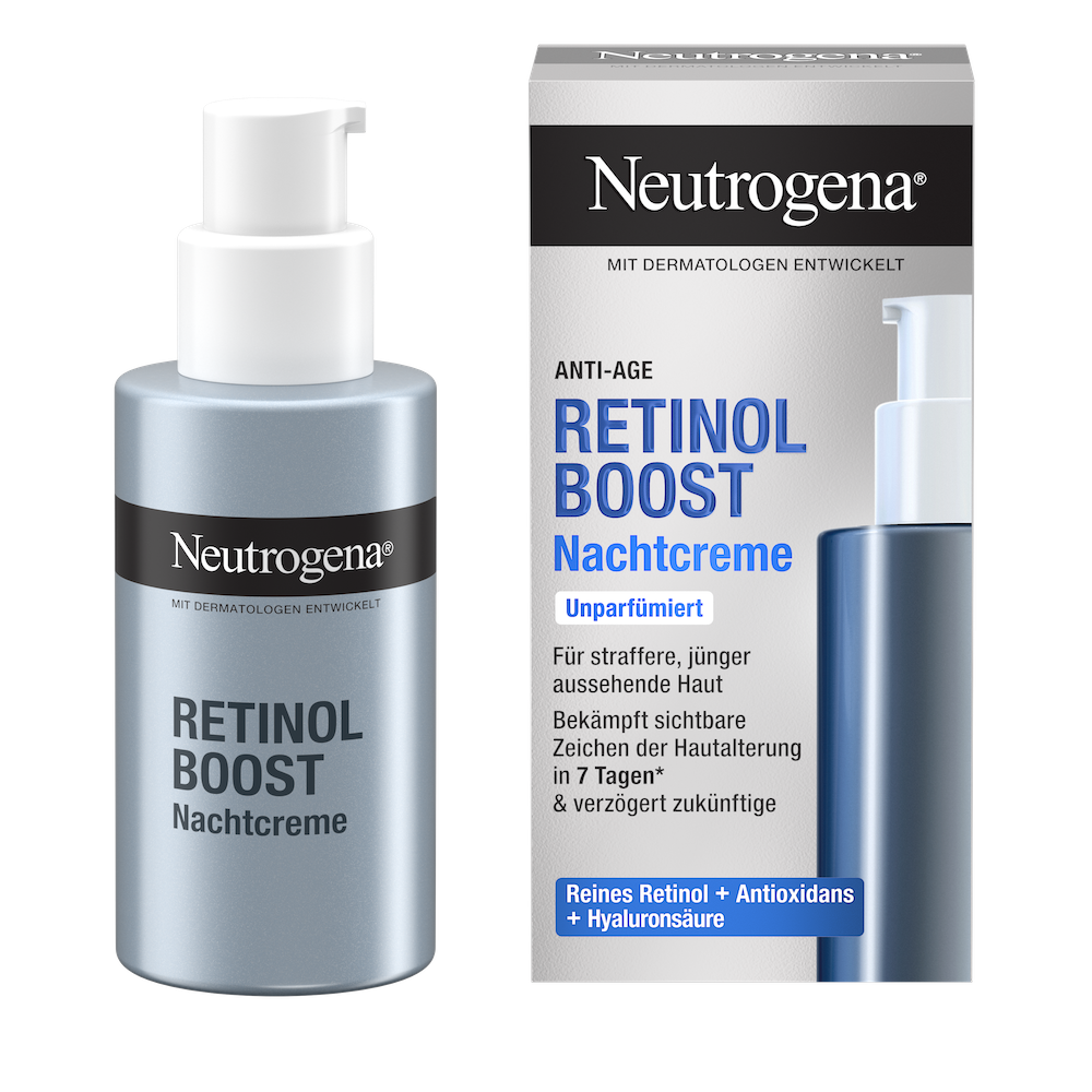 Vorderansicht Neutrogena® Retinol Boost Nachtcreme Produkt neben der Verpackung