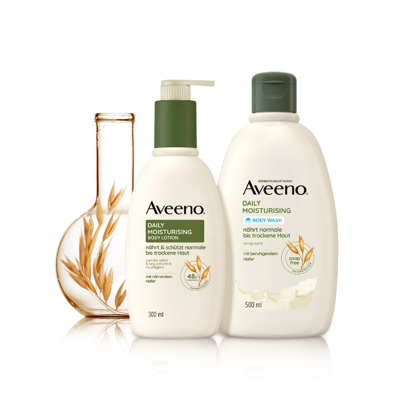 Aveeno® Daily Moisturising Serie – Hautpflege für normale bis trockene, empfindliche Haut. Aveeno® Daily Moisturising Body Lotion, Aveeno® Daily Moisturising Seifenfreies Duschgel  Mit kolloidalem Hafermehl.