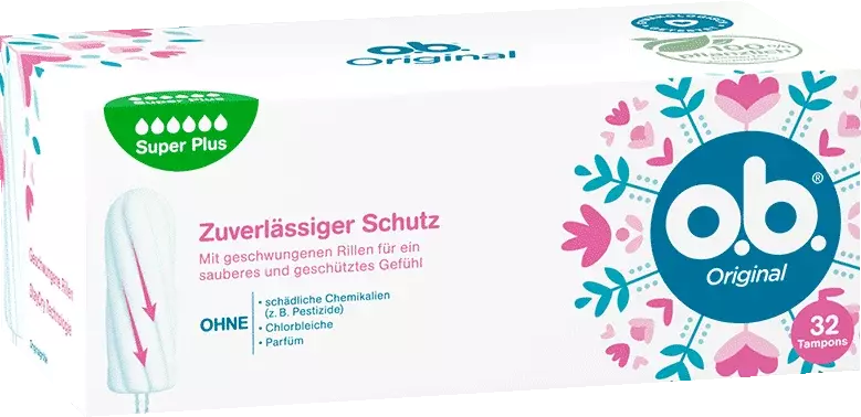 Vorderseite der Verpackung des o.b.® Original Super Plus Tampons mit 32 Stück