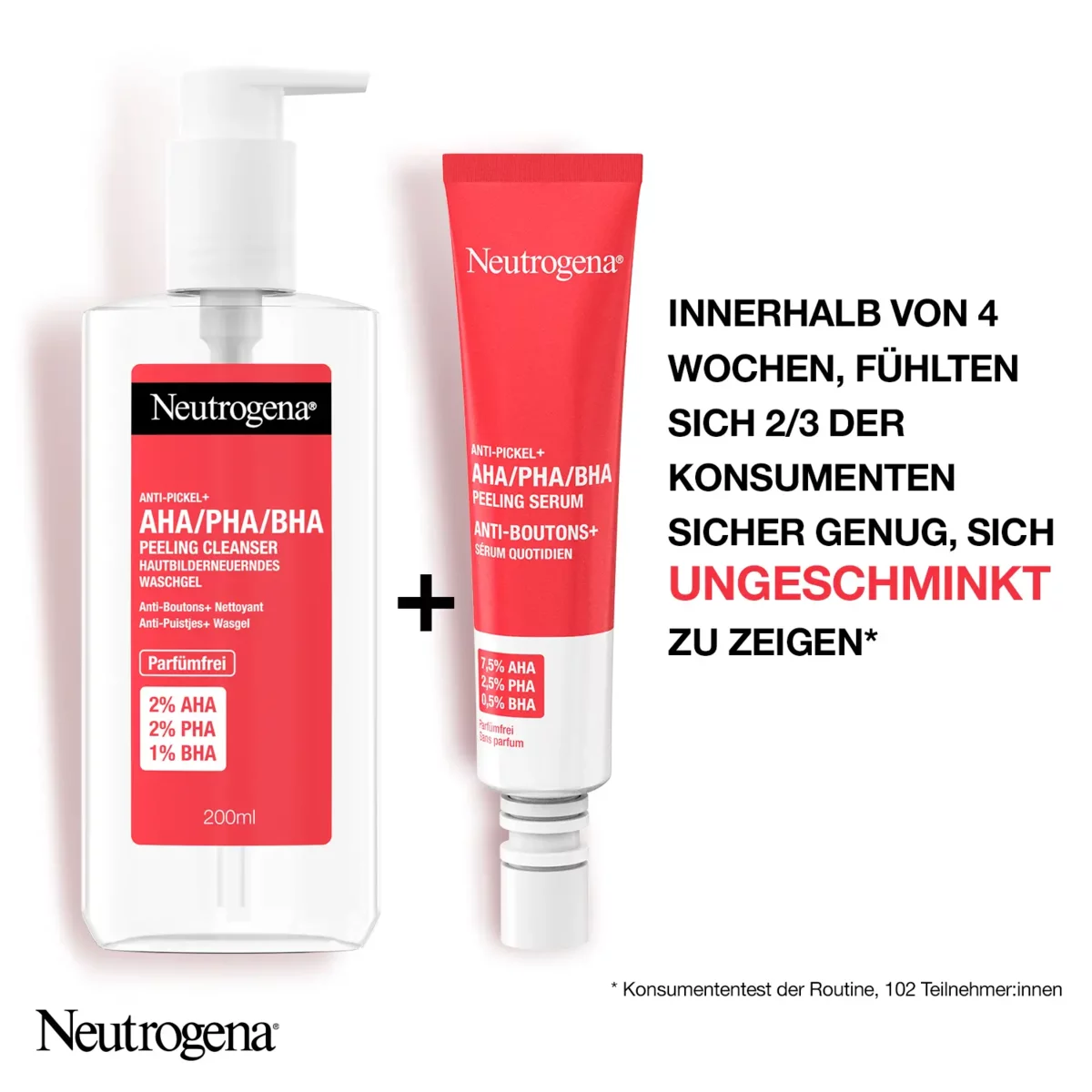 Mit dem Peeling Cleanser kombiniert mit Peeling Serum von Neutrogena erreicht: Innerhalb von 4 Wochen, fühlten sich 2 von 3 Konsumenten sicher genug, sich ungeschminkt zu zeigen. Konsumententest der Routine, 102 Teilnehmer:innen.