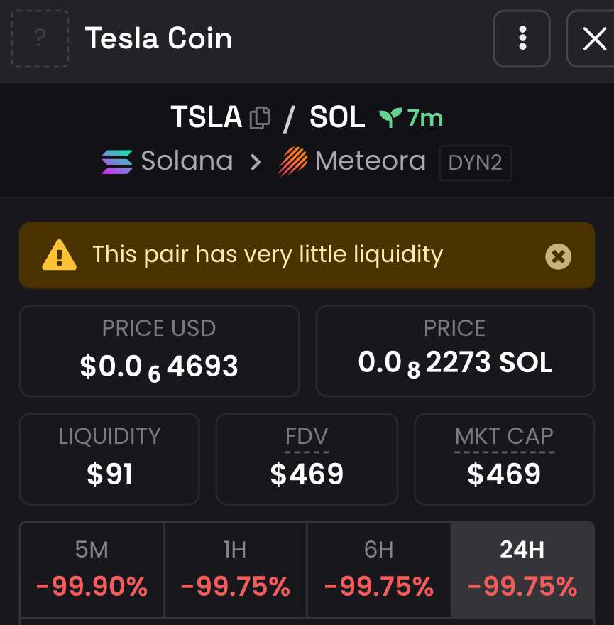 What a pair looks like on Dexscreener when the liquidity has been pulled. Effectively untradeable. Note: this token has no affiliation with Tesla. 