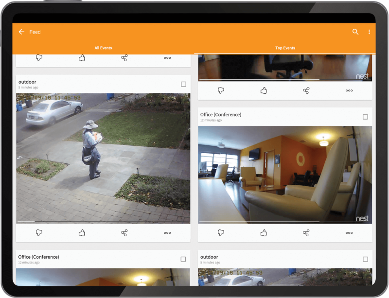 Image of an Ipad showing Camio security cameras images.