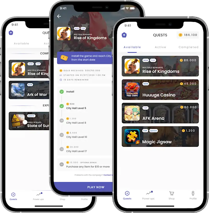 Imagem de três telefones celulares. Dois deles estão mostrando uma lista de missões, e o terceiro está mostrando uma missão já aberta, contendo uma linha do tempo com diferentes passos para completar para receber gold.