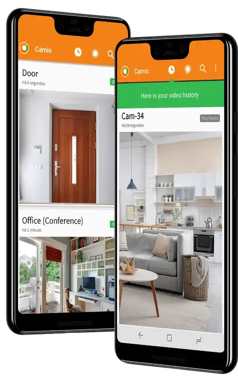 Image of two smartphones showing Camio camera images.