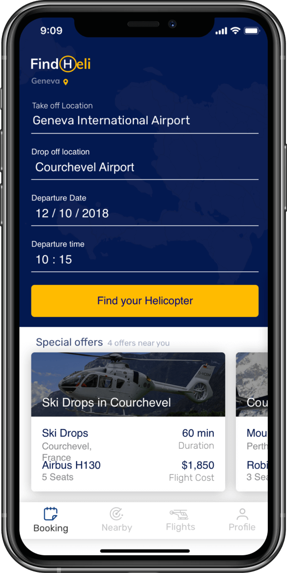 Image of a smartphone showing an example of the helicopter search visual design