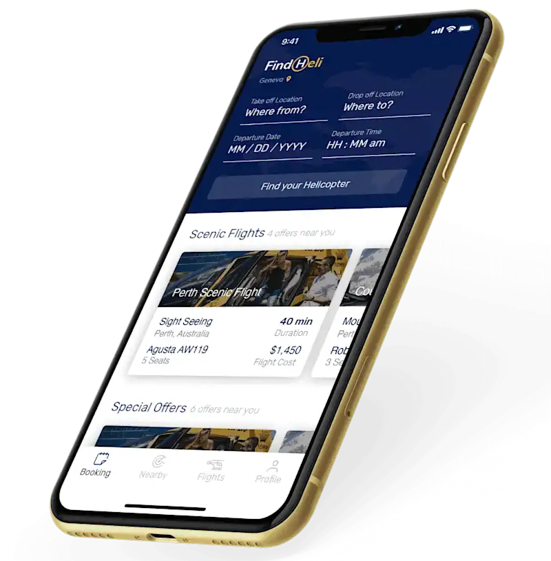 Image of a smartphone showing an example of the open FindHeli app