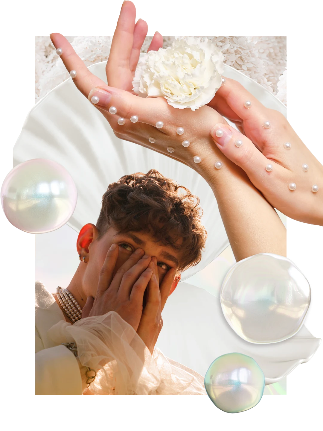 Collage of pearl-themed items. White man wearing a pearl choker necklace, holding his hands to his face. A hand with pearls holding a white carnation. A white clam shell in the background. 
