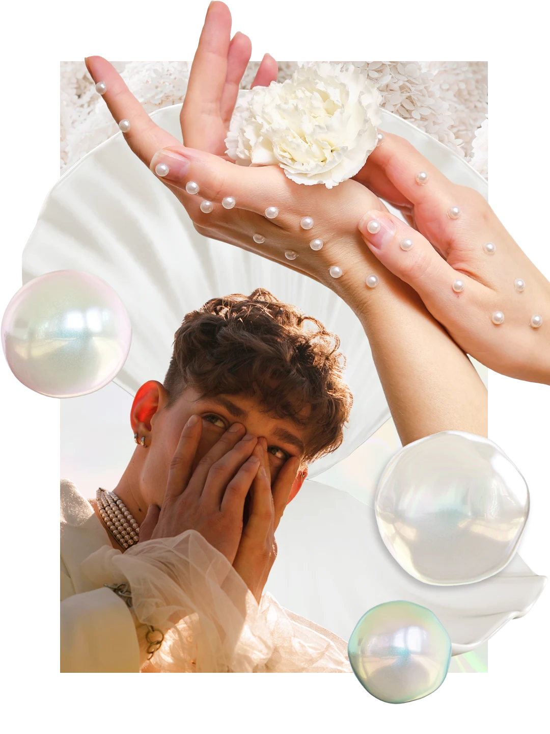 Collage of pearl-themed items. A white man wearing a pearl choker necklace is holding his hands to his face. A hand adorned with pearls is holding a white carnation, with a white clam shell in the background. 
