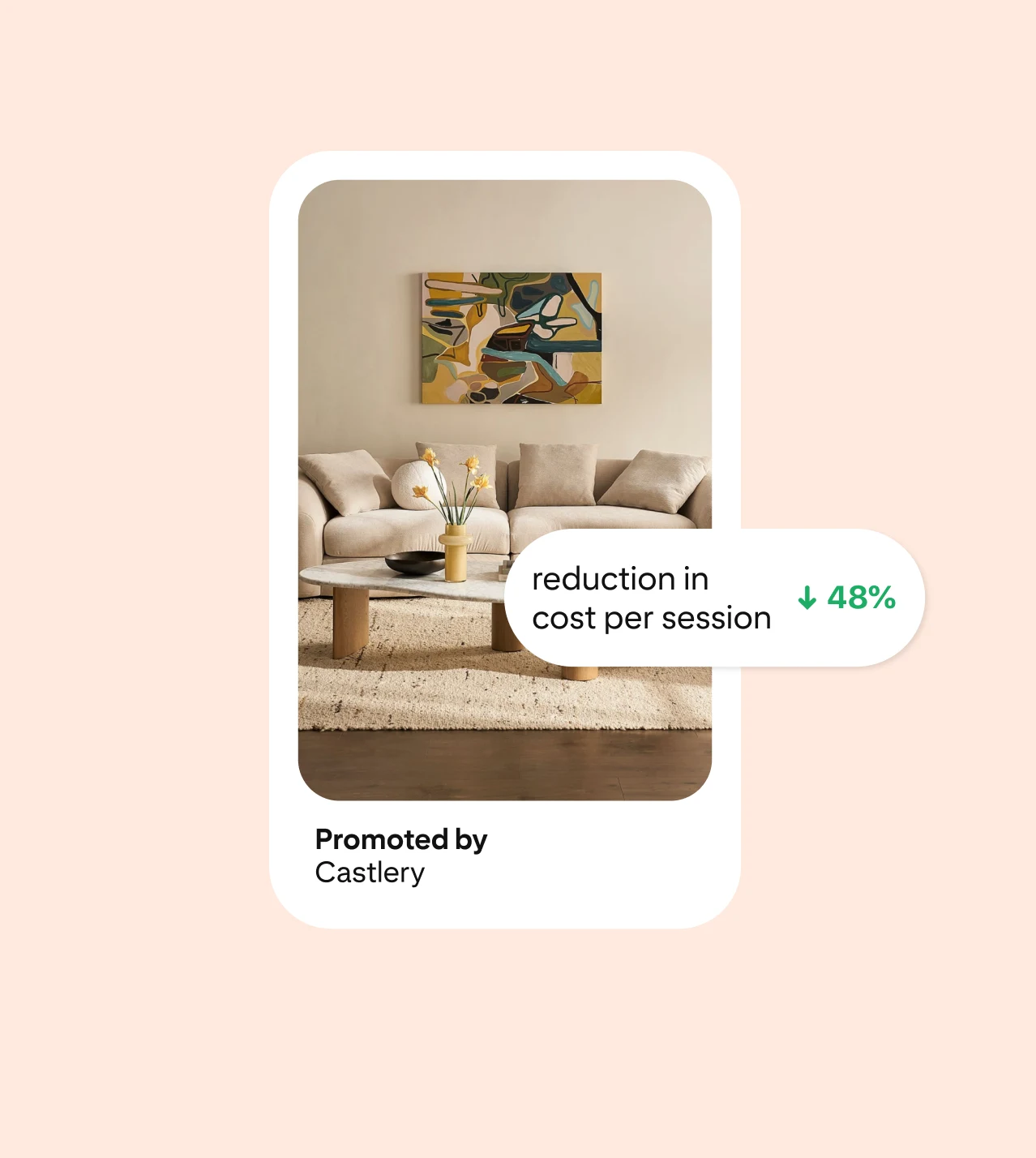 A Pinterest ad by Castlery featuring beige sofa and a wooden table