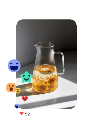Pin of a glass pitcher filled halfway with water and orange flowers, with a variety of expressive reactions scattered on the left.
