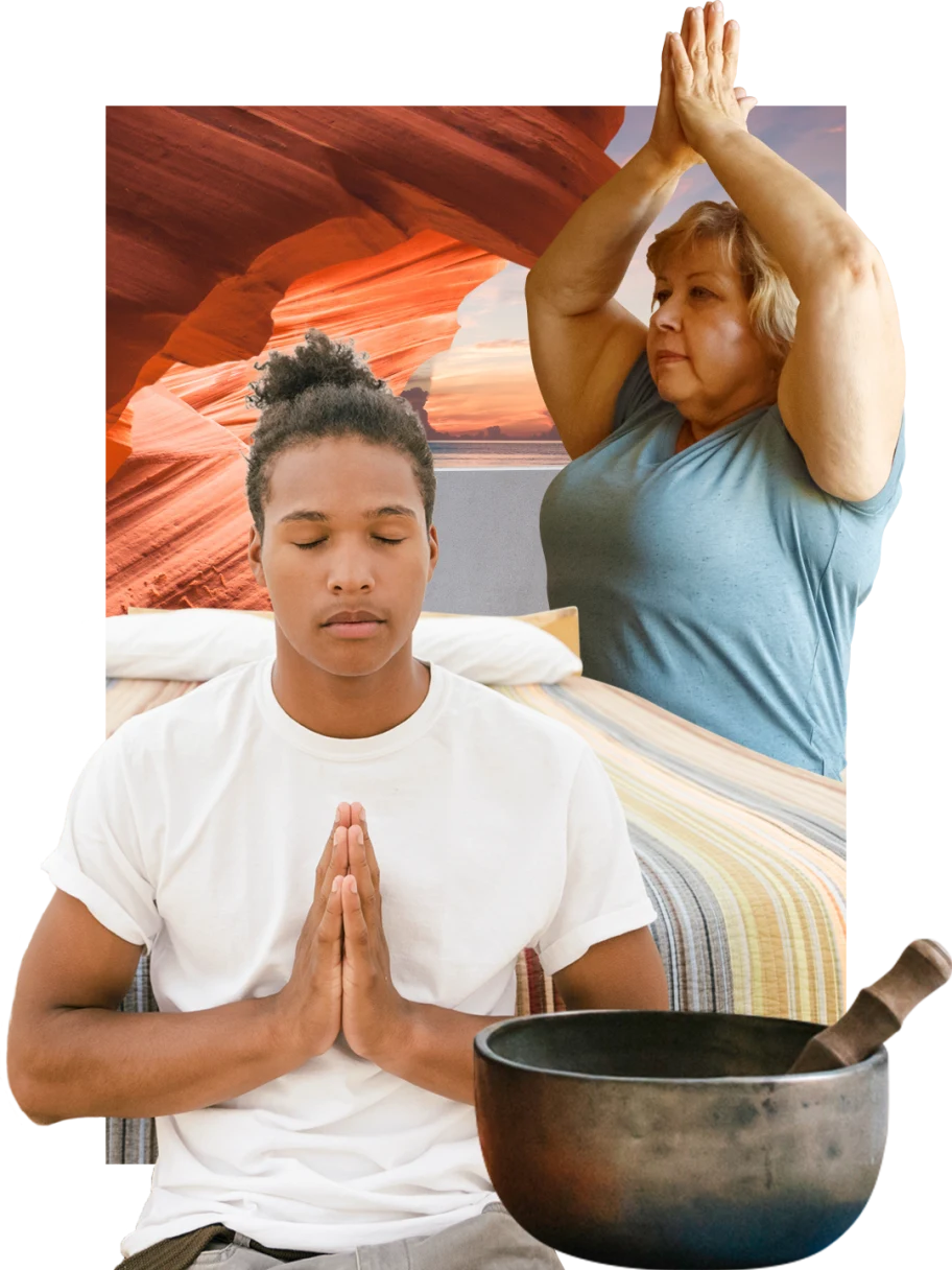 Collage of mindfulness themes. Black man at left in white, eyes closed and meditating. Red rock formations at upper left.  White woman in a blue top lifts her arms above her head in a sun salutation. Singing bowl on lower right. Blue sea at dusk in the background.