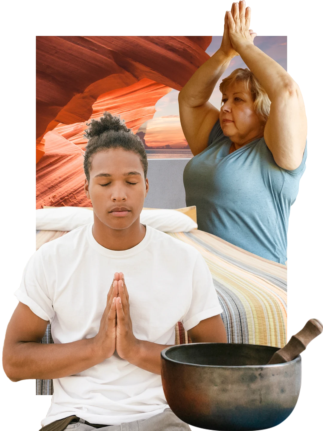 Colagem de temas de atenção plena. Homem negro com roupas brancas à esquerda, meditando com os olhos fechados. Formações rochosas vermelhas na parte superior esquerda.  Mulher branca com camiseta azul levantando os braços acima da cabeça em postura de saudação ao sol. Tigela tibetana na parte inferior direita. Ao fundo, mar azul ao entardecer.