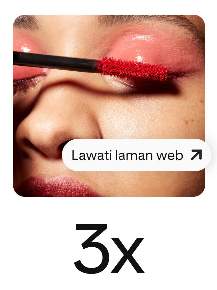 Pin menunjukkan wanita memakai maskara merah, dengan butang menonjol untuk mendorong lawatan ke laman. 